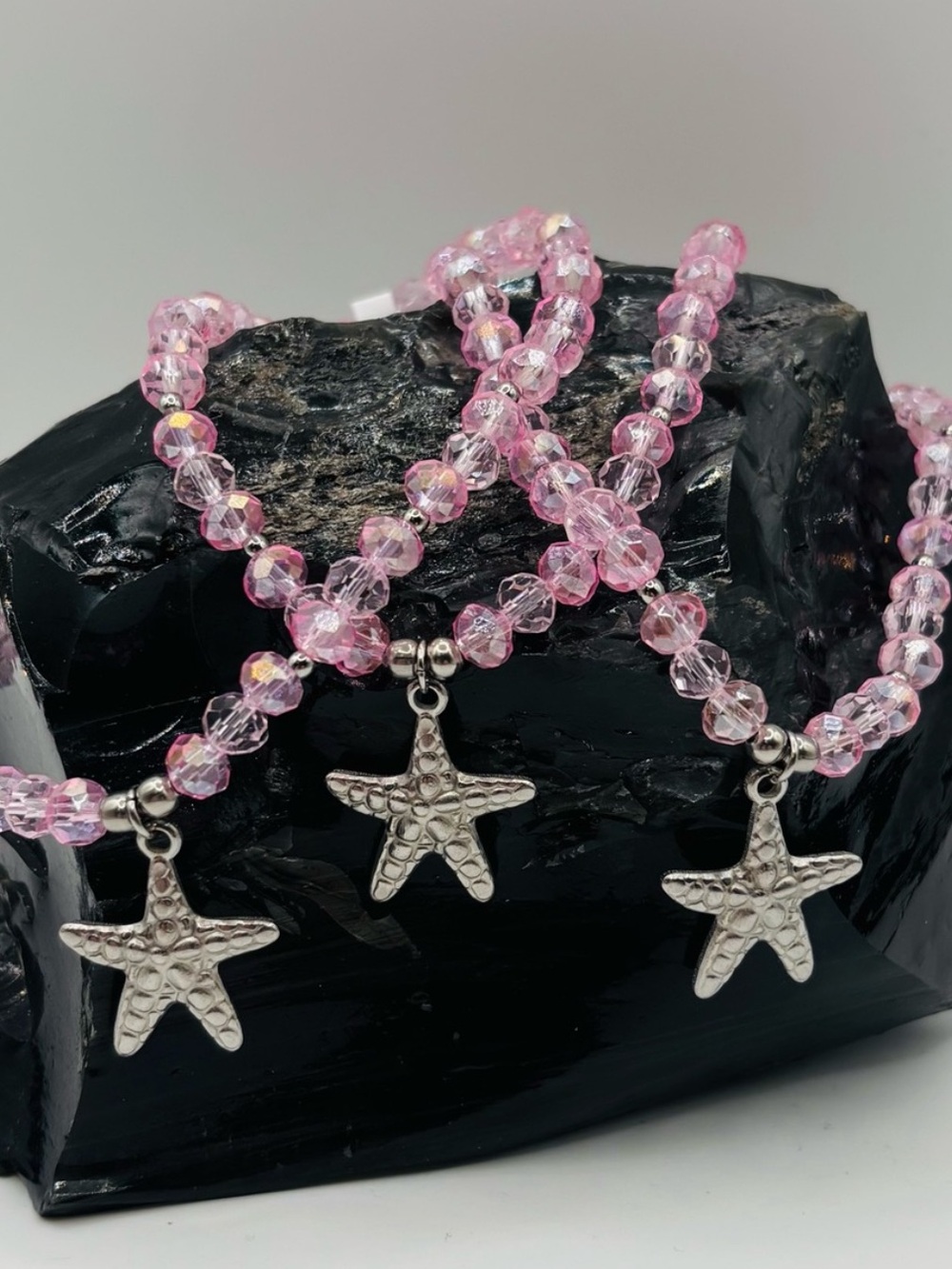 *ANKLET* S.Steel Silver Starfish & Pink Crystal Glass Stretchy Anklet
